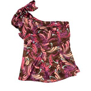 Guess Womens One-Shoulder Top Large Pink Purple Brown Abstract Print Y2K